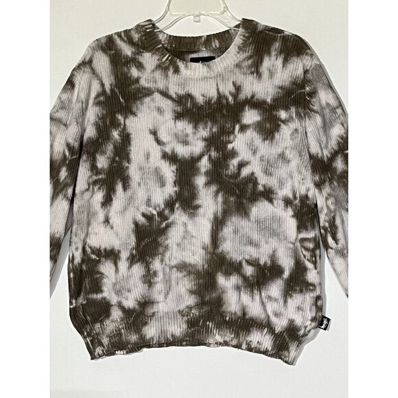 Stussy White Brown Tie Dye Ribbed Crew Neck Long Sleeve Top Sweatshirt - Picture 6 of 6
